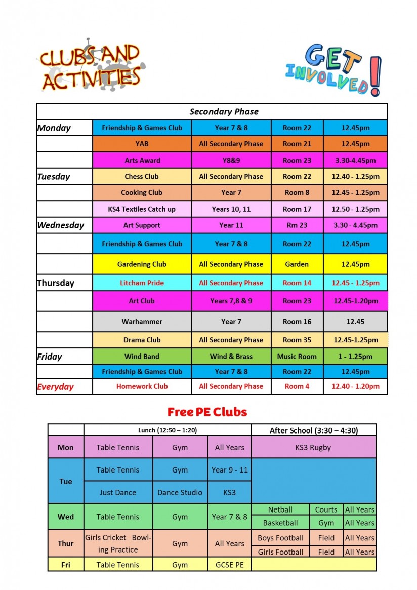 Secondary Phase clubs and activites