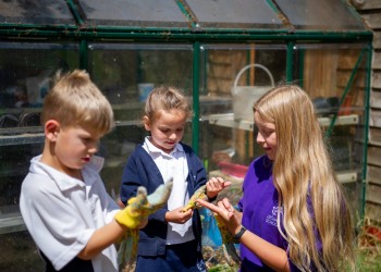 Three students gardening