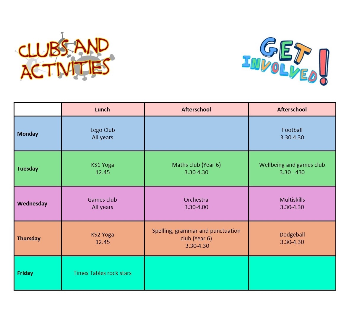 Primary Phase Clubs and Activities Timetable 