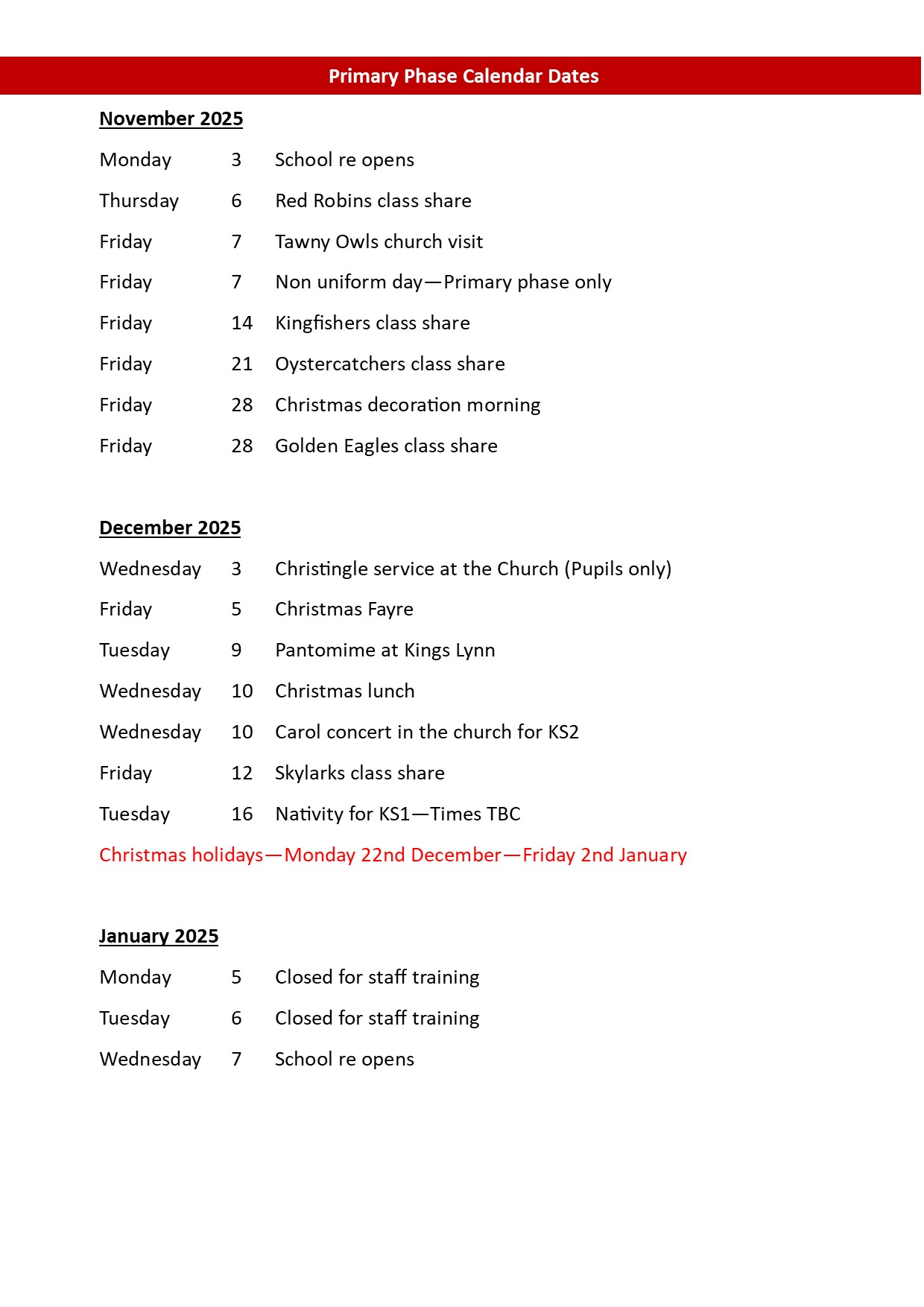 Primary calender dates