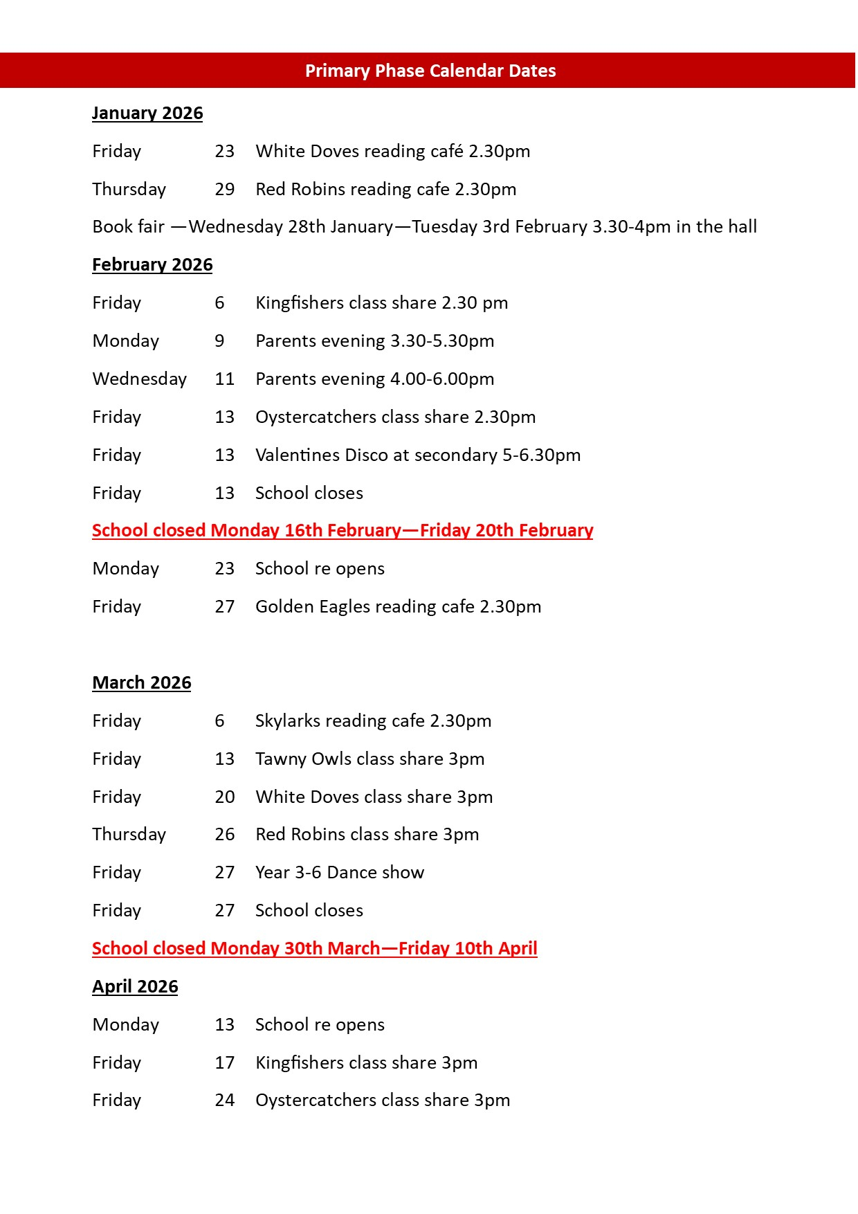 Primary calender dates